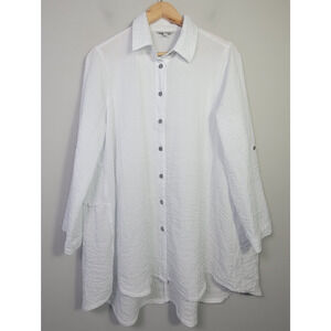 John Mark Womens M Button Front Tunic Blouse Rayon White Long Sleeve